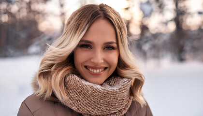 Fototapeta premium Portrait of a cheerful woman wearing a cozy scarf in a snowy landscape. She exudes warmth and happiness, embracing the winter season with joy and style.