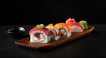 Closeup of Assorted Sushi Rolls on a Wooden Plate