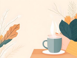 Cozy Autumn Afternoon with Warm Beverage and Floral Decor in Minimalist Flat