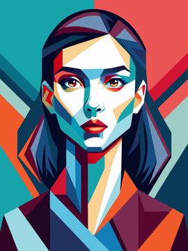 No.2 Pop Art Style: A vector illustration in a bold, pop art style, featuring a young woman with a sharp, angular bob and a brightly colored headband with large polka dots. Her eyes are exaggerated