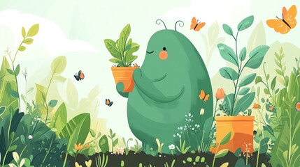 Fototapeta premium Large green COS figure gardening, planting in soil, surrounded by mini cute butterflies, unique and scenic view, flat design illustration