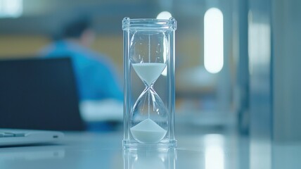 An hourglass on a table with a blurred background, symbolizing time management.