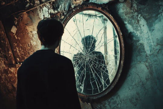A man stands in front of a broken mirror, looking at his reflection. The mirror is shattered, and the man's reflection is distorted and fragmented. Concept of unease and disorientation