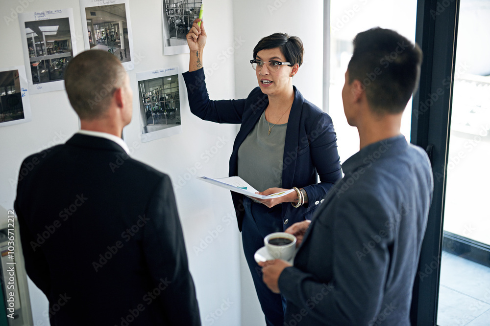 Poster discussion, photograph and problem solving with business people in workplace for idea or interior de