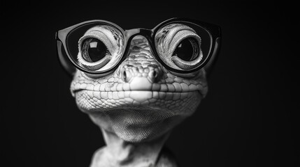 Black-and-white photograph of a chameleon wearing glasses, looking at the camera