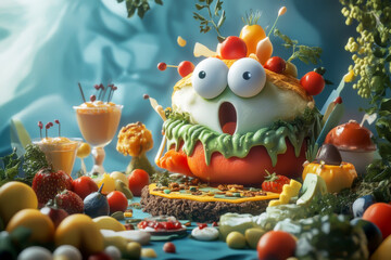 A cartoonish looking monster made out of vegetables and fruits is sitting on a table with a variety of food items