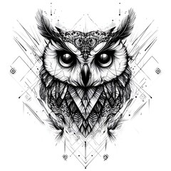 Obraz premium A detailed line drawing of an owl with a geometric pattern around it.