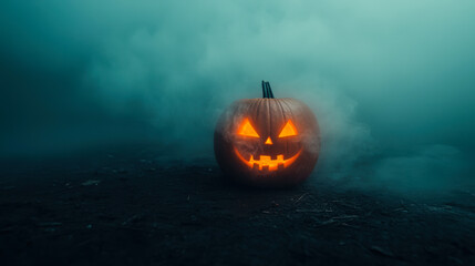 Naklejka premium Glow of a carved pumpkin on a misty Halloween night showcasing a sinister grin in eerie surroundings