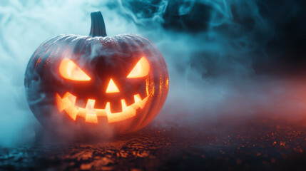 Naklejka premium Glow of a carved pumpkin on a misty Halloween night showcasing a sinister grin in eerie surroundings