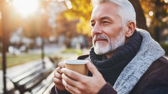 Middle-aged man with slight tremor holding cup of coffee on park bench, symbolizing struggle with Parkinson's disease, calm natural setting.