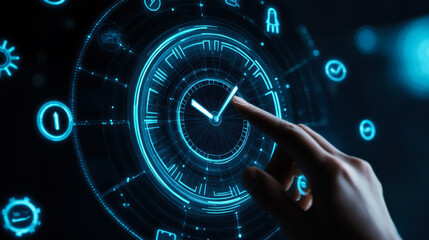 Interactive digital interface displaying time and various symbols with a hand touching the screen in a modern tech setting