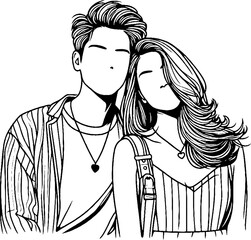 Black Grunge Line Art Style Romance Couple Kiss and Romantic Pose Hand Drawn Illustration