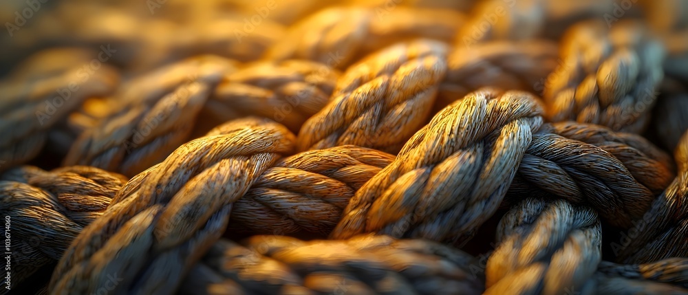 Poster close-up of weathered rope with intricate textures, showcasing natural fibers intertwined in warm su