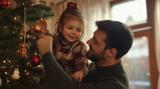 family, winter holidays and people concept - happy father and little daughter decorating christmas tree at home