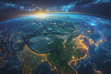 Satellite view of Earth's globe from space, city lights by night, East Asia China abstract map.