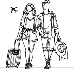 Black Grunge Line Art Style Romance Couple Traveling Holiday Hand Drawn Illustration