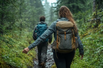 Female hiker holding hand of his boyfriend, Generative AI