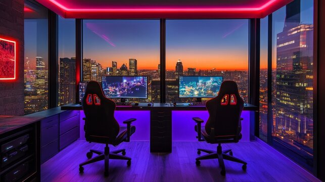 A high-tech gaming space featuring two chairs, a gaming computer, and large screens, with accent lighting and a city view