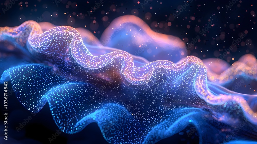 Poster a mesmerizing close-up of a vibrant, iridescent wave, illuminated with shimmering particles and glow