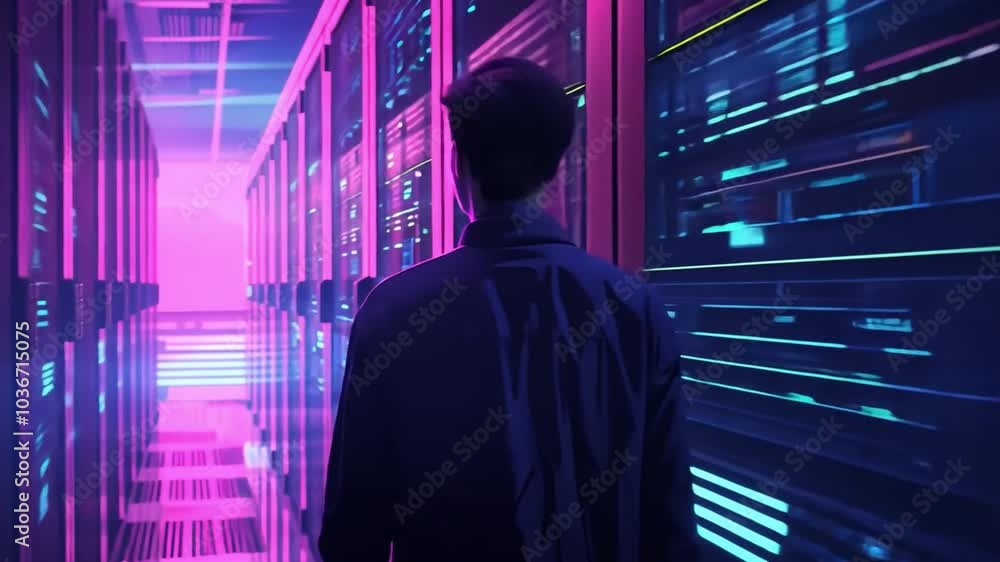 Poster The individual observes rows of servers glowing with neon lights while monitoring data on digital displays, showcasing a scene of advanced technology in action late at night.