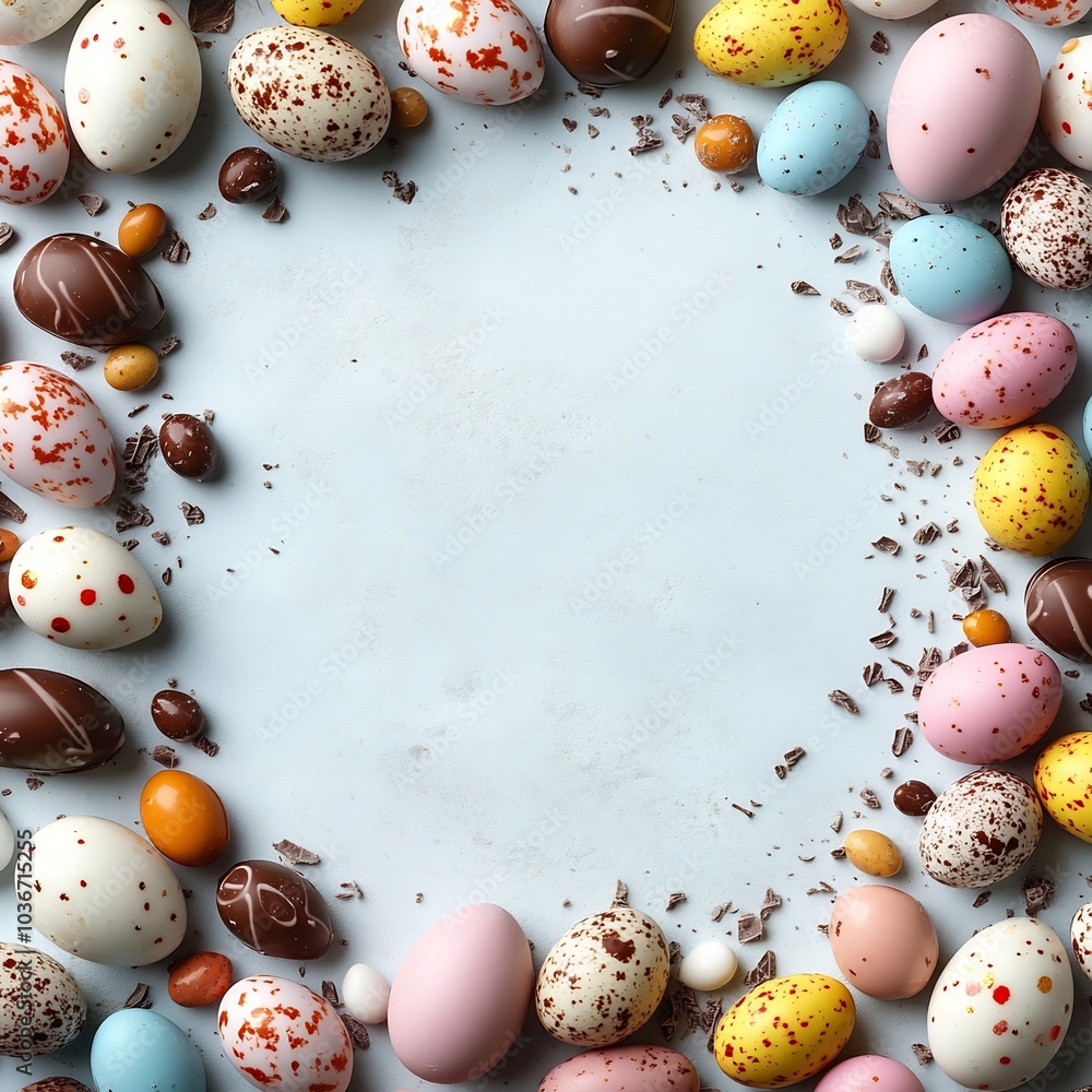 Poster topdown view of an easter frame with colorful robin's eggs and chocolate eggs arranged along the edg