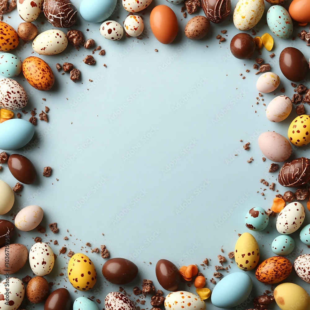 Poster topdown view of an easter frame with colorful robin's eggs and chocolate eggs arranged along the edg