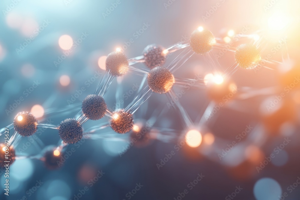 Poster a close-up view of interconnected molecules glowing with light, highlighting the complexity of molec