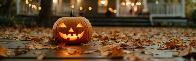 Fototapeta premium A serene jack-o-lantern on a porch step surrounded by autumn leaves at night
