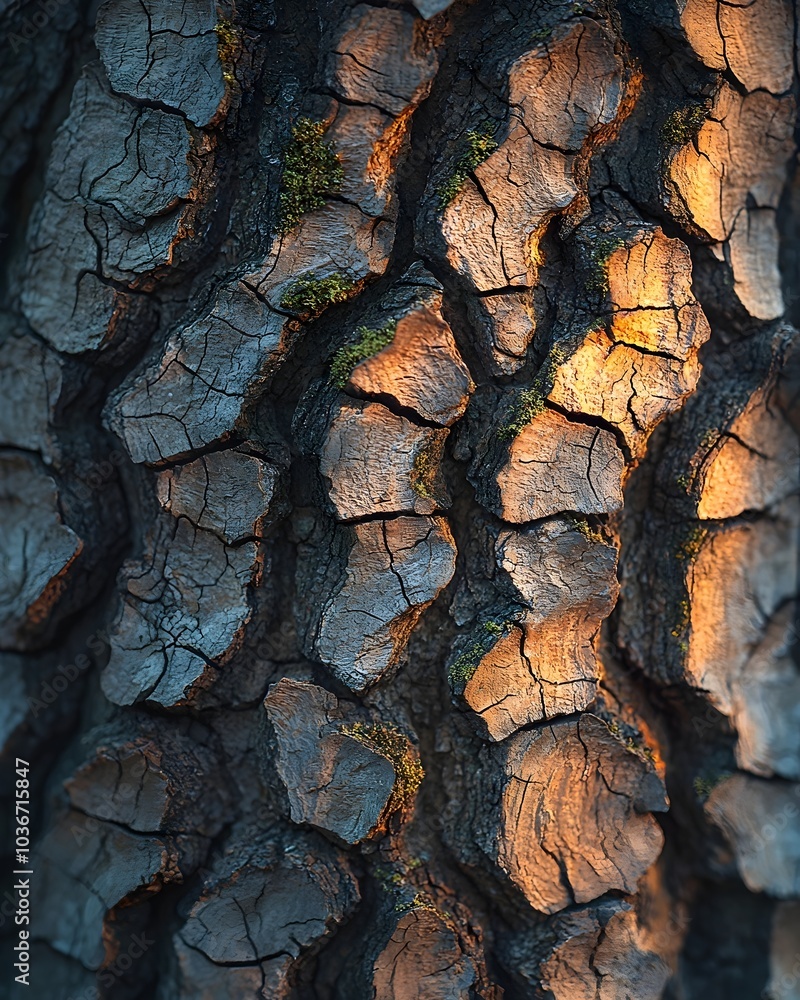Poster close-up of a textured tree bark showcasing intricate patterns and warm light highlighting its rugge