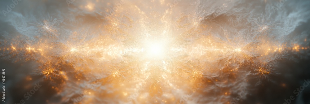 Poster intricate, symmetrical geometric shapes similar to snowflakes emerge against a backdrop of a calming