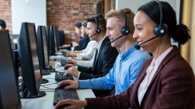Call center employees working diligently at their desks with headsets.