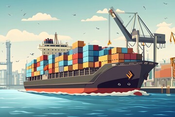 Cargo Ship Departing Harbor with Stacked Containers