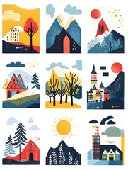 A vibrant collection of illustrated landscapes showcasing mountains, forests, and buildings in a colorful, whimsical style, perfect for capturing nature's beauty.