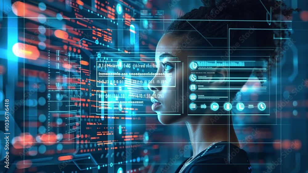 Poster a young woman examines an advanced digital interface filled with vibrant holographic elements, showc