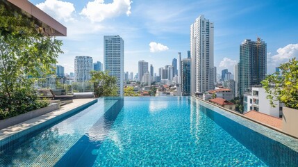 A rooftop infinity pool basking in bright daylight, offering an uninterrupted view of urban towers