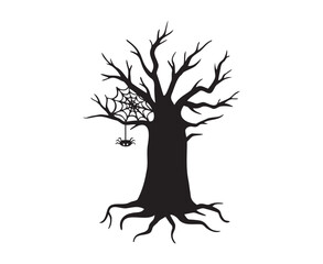 Halloween hand drawn spooky tree doodle silhouette. Creepy tree