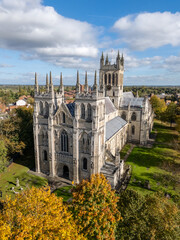 Selby Abbey North Yorkshire. Aerial view of Selby Abbey and Selby town centre near York on an autumn day