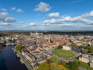 Obraz premium York England. October Aerial panoramic view of York City Centre on a sunny day looking from south near Cliffords tower and museum to York Minster Cathedral 