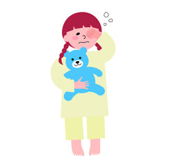 パジャマを着てクマのぬいぐるみを抱いた幼い女の子が眠い目を擦っている全身のイラスト