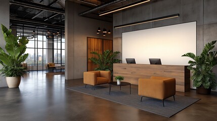 Fototapeta premium Modern Reception Area with Cozy Seating and Plants