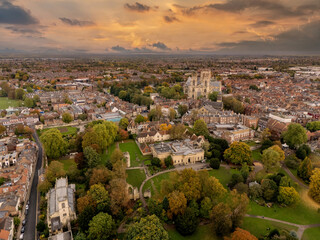 Fototapeta premium York, Yorkshire. England, City Centre aerial landscape view of York skyline in North Yorkshire, with York Minster cathedral and the rooftops of historic buildings 