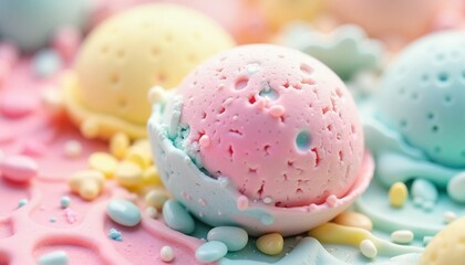 Obraz premium Colorful ice cream scoops in pastel hues with sprinkles and copy space