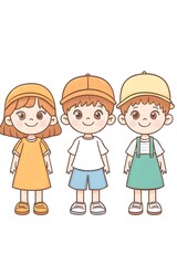 Three cheerful cartoon children, a girl and two boys, wearing colorful outfits and hats, showcasing playful expressions and bright colors.