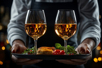 Wine in the wine glasses and snack on a tray in waiter hands close up on a restaraunt background.