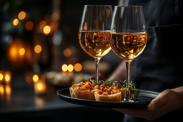 Naklejka premium Wine in the wine glasses and sushi snack on a tray in waiter hands close up on a restaraunt background.