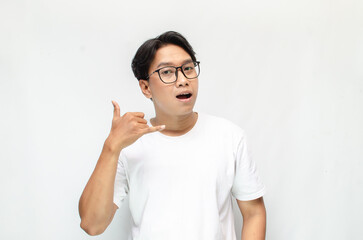 asian young students happily using sign language isolated against white background. Asian man...