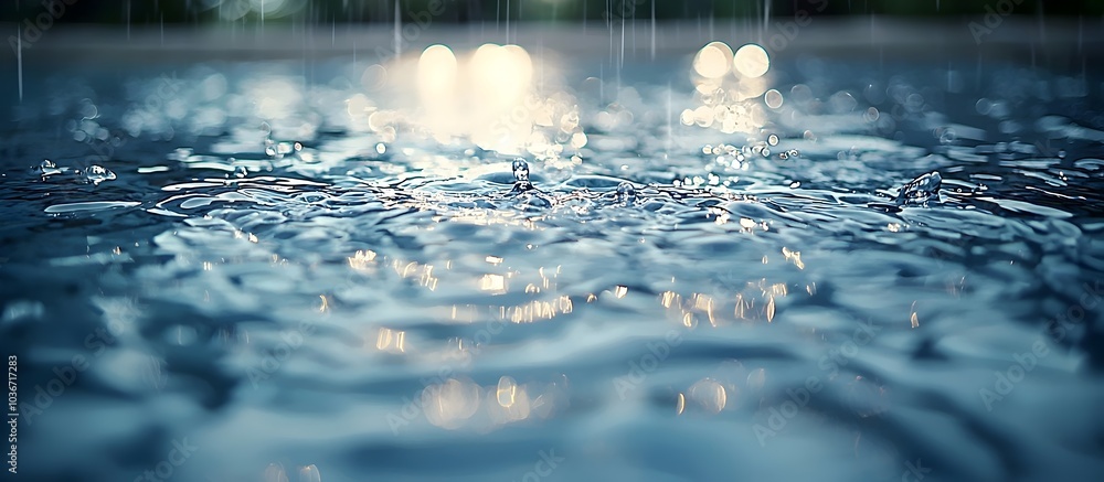 Poster Close-up of rippling water with raindrops, creating a serene mood with shimmering reflections and soft colors in a tranquil setting.