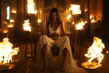 Beautiful Ancient Egypt goddess queen woman sits on the golden throne concept background.