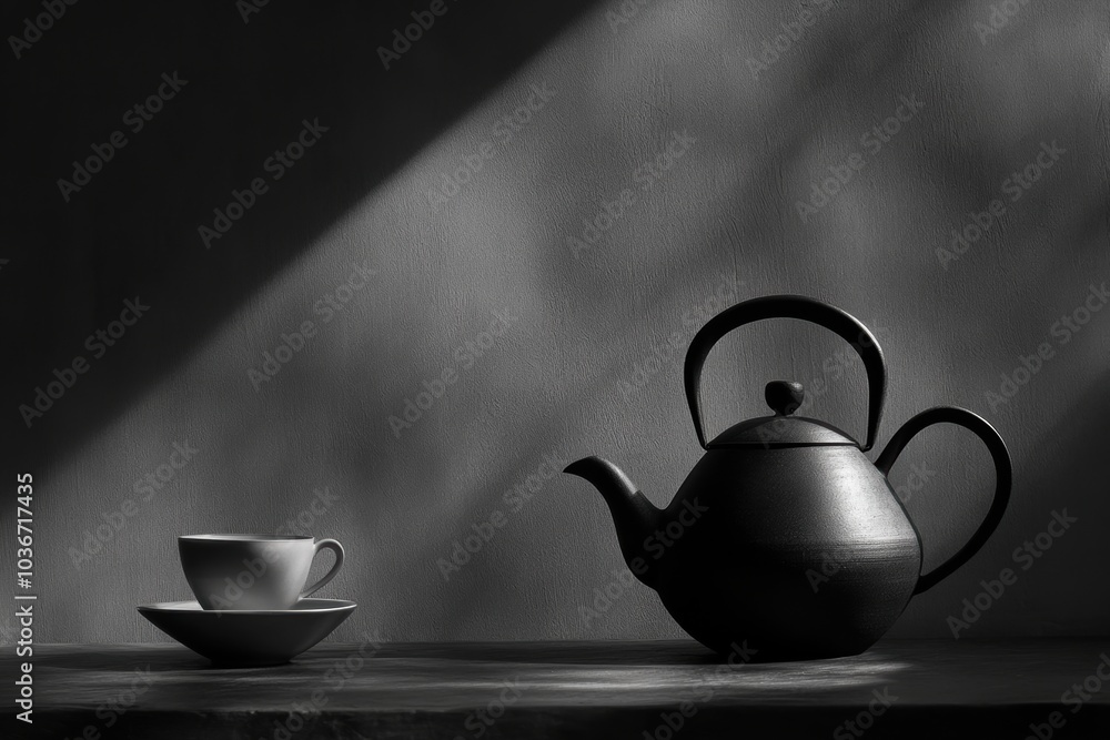 Aufkleber In a serene moment, a kettle and cup are placed on a table, illuminated by soft light creating delicate shadows around them. Generative AI