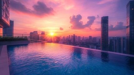A rooftop swimming pool glowing under the sun, surrounded by high-rise buildings under a brilliant sky